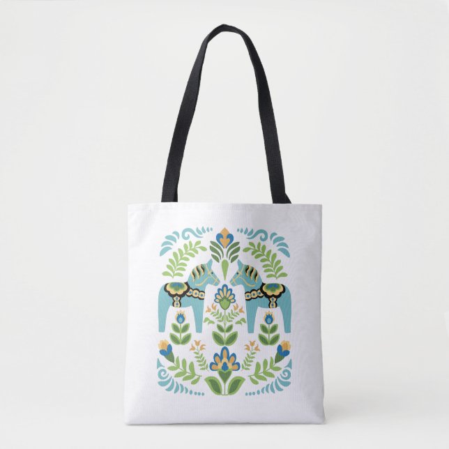 Swedish Dala Horses Teal Tote Bag (Front)