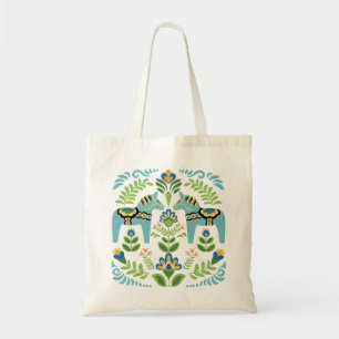 Swedish Dala Horses Teal Tote Bag