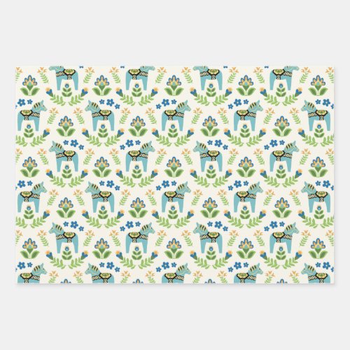 Swedish Dala Horses Teal  Wrapping Paper Sheets