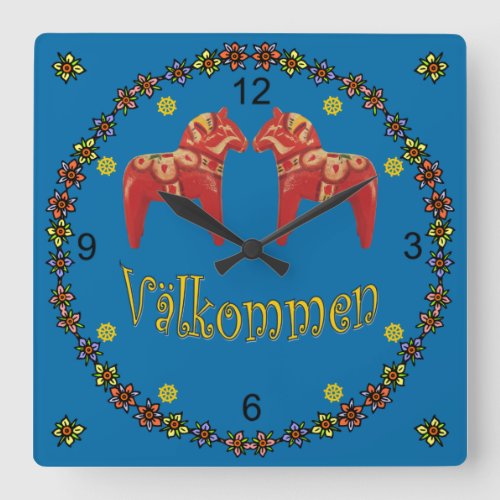Swedish Dala Horses  Vlkommen  Welcome Sign  Square Wall Clock