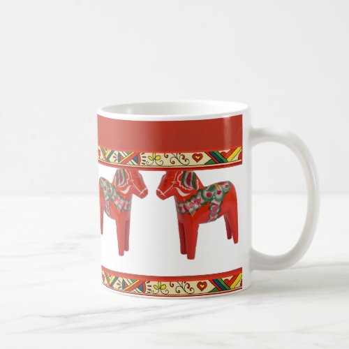 Swedish Dala Horses with Christmas Folk Art Border Coffee Mug