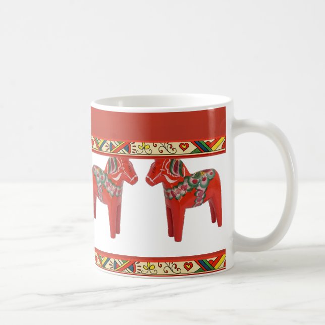 Swedish Dala Horses with Christmas Folk Art Border Coffee Mug (Right)