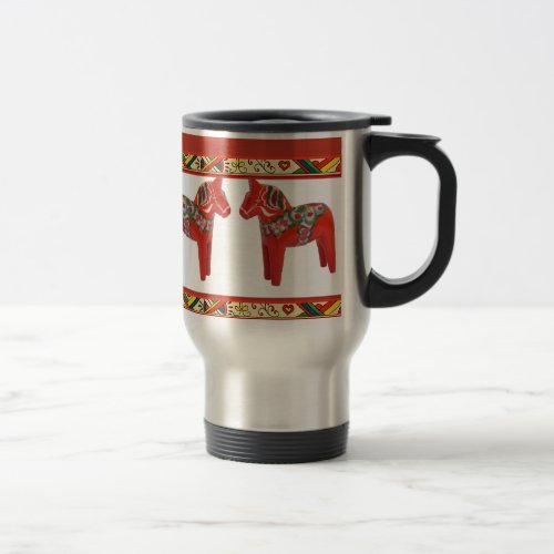 Swedish Dala Horses with Christmas Folk Art Border Travel Mug