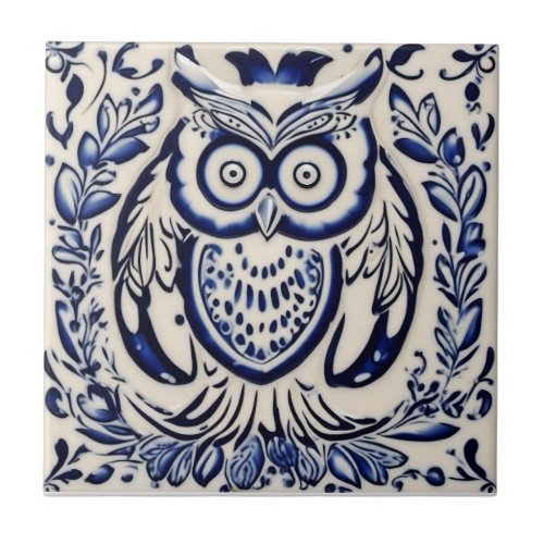 Swedish Dala owl Blue and White nouveau Ceramic Tile