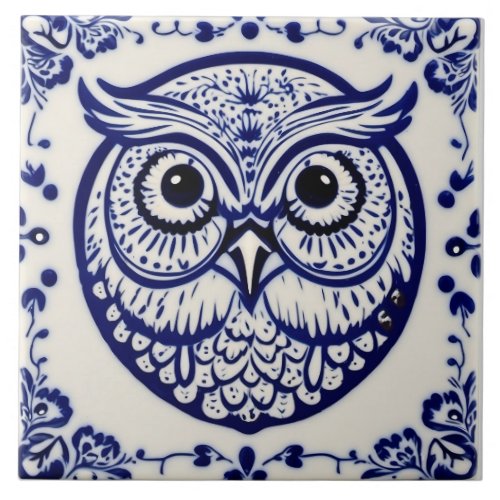Swedish Dala owl Blue and White nouveau Ceramic Tile