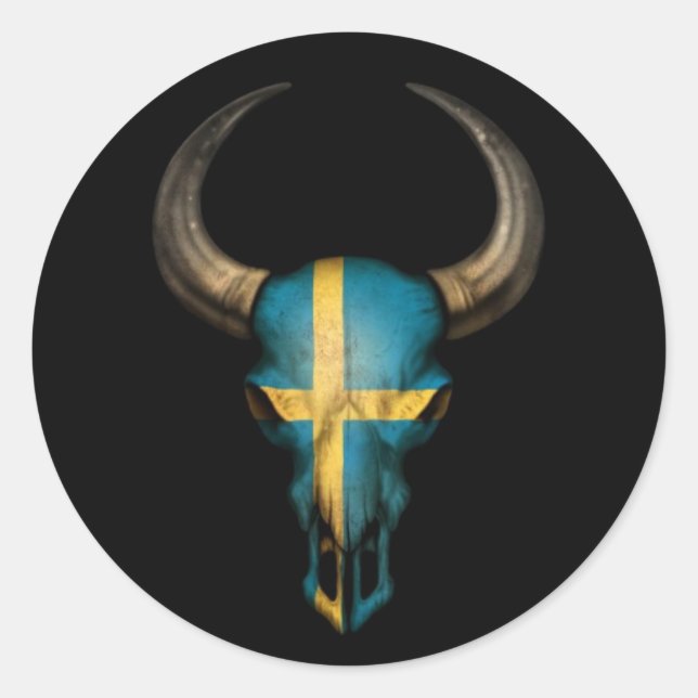 Swedish Flag Bull Skull on Black Classic Round Sticker (Front)