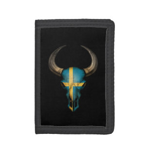 Swedish Flag Bull Skull on Black Trifold Wallet