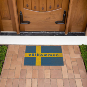 Swedish flag fiber doormat with welcome text