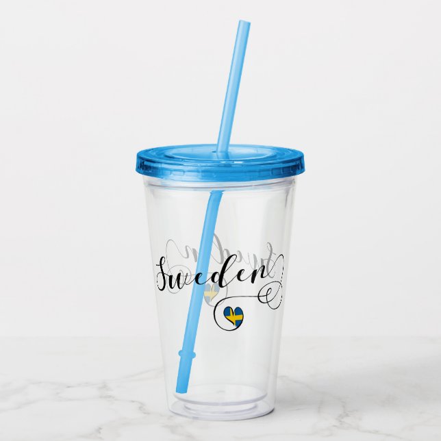 Swedish Flag Heart, Sweden Script Design Acrylic Tumbler (Back)