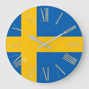 Swedish Flag of Seden with Gold Roman Numerals Large Clock