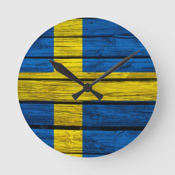 Swedish Flag Rustic Wood Round Clock by SnappyDressers at Zazzle