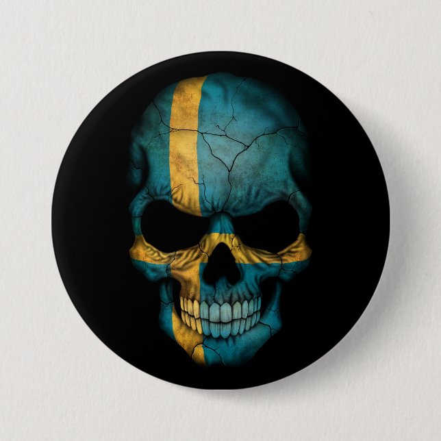 Swedish Flag Skull on Black Button (Front)
