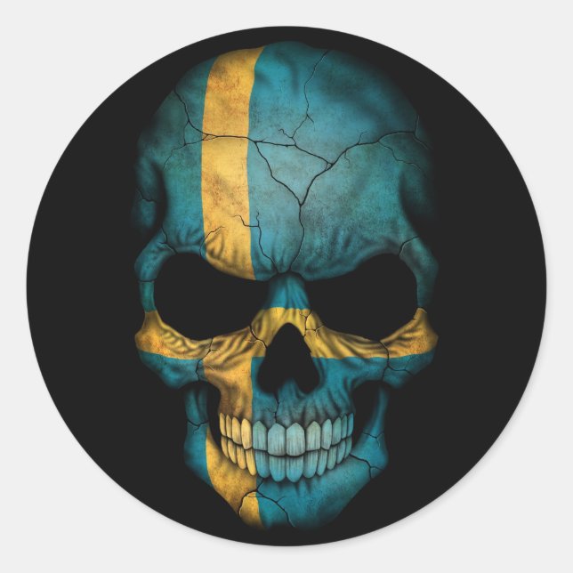 Swedish Flag Skull on Black Classic Round Sticker (Front)