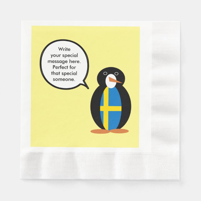 Swedish Flag Talking Ms. Penguin Personalized  Napkins (Front)