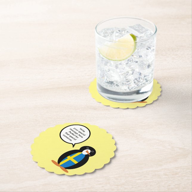 Swedish Flag Talking Ms. Penguin Personalized  Paper Coaster (Insitu)
