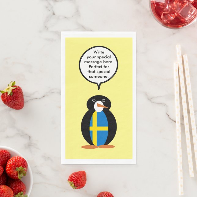 Swedish Flag Talking Ms. Penguin Personalized  Paper Guest Towels (Insitu)