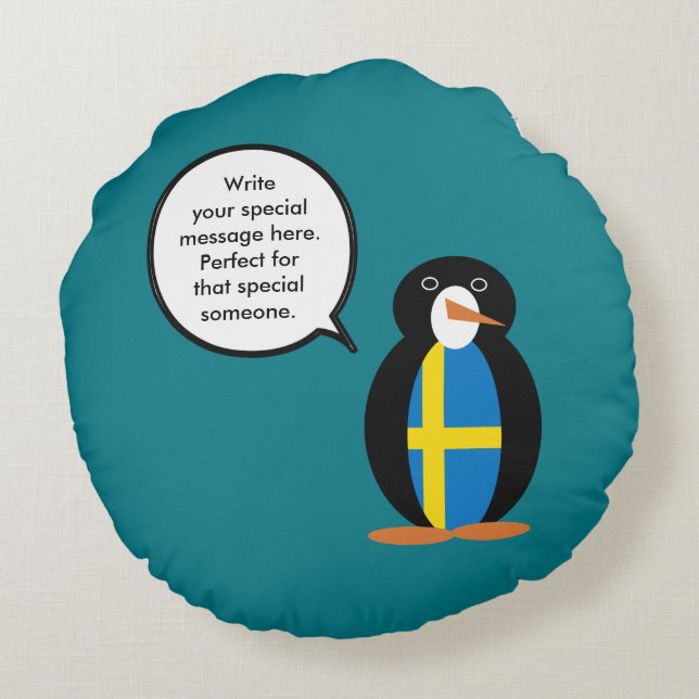 Swedish Flag Talking Ms. Penguin Personalized  Round Pillow (Back)