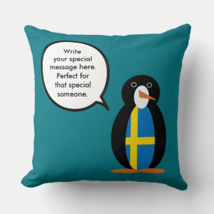 Swedish Flag Talking Ms. Penguin Personalized Throw Pillow