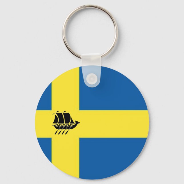 Swedish Flag With Viking Ship Scandinavian Keychain (Front)