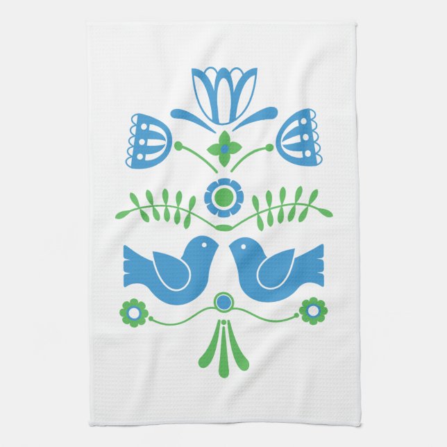 Swedish Folk Art Blue Birds and Flowers Kitchen Towel (Vertical)