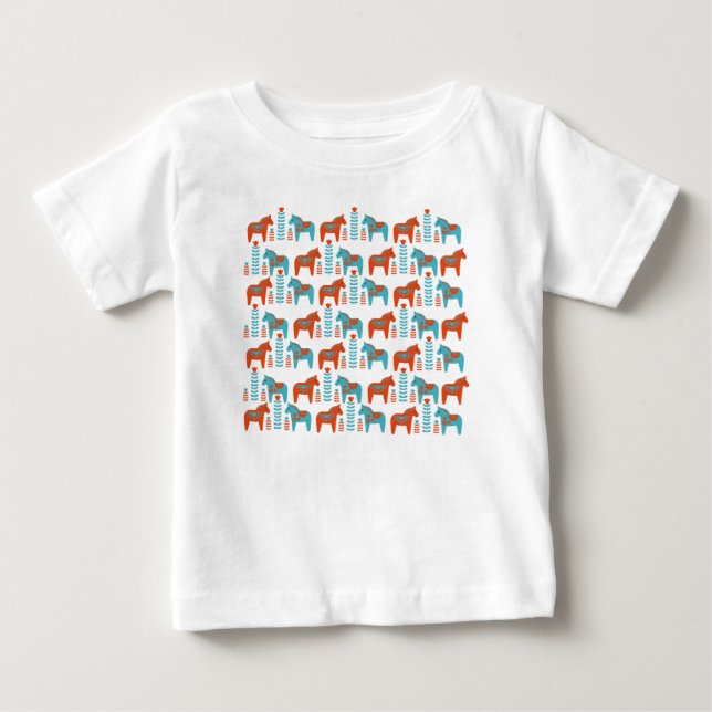 Swedish Folk Art Dola Horses and Flowers Pattern Baby T-Shirt (Front)