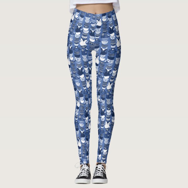 Swedish folk cats I // Indigo blue background Leggings (Front)