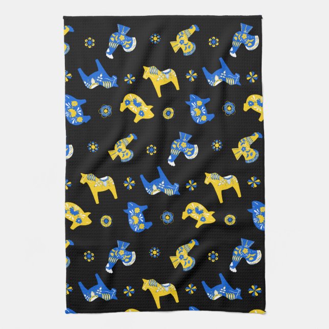 Swedish Folk Dala Farm Animals l Blue and Yellow Kitchen Towel (Vertical)