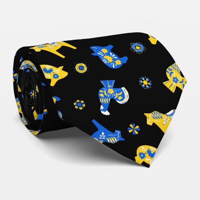 Swedish Folk Dala Farm Animals l Blue and Yellow Neck Tie (Rolled)