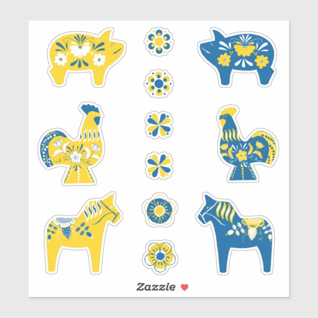 Swedish Folk Dala Farm Animals l Blue and Yellow Sticker (Sheet)