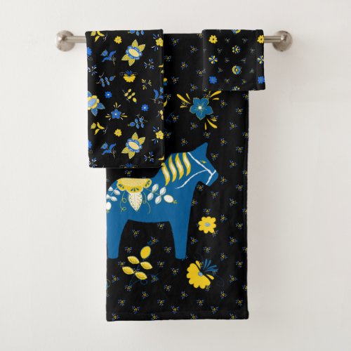Swedish Folk Dala Horse l Blue and Yellow Bath Towel Set