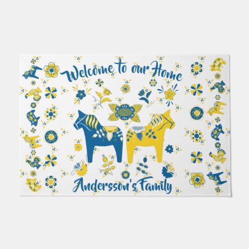 Swedish Folk Dala Horse l Blue and Yellow Doormat