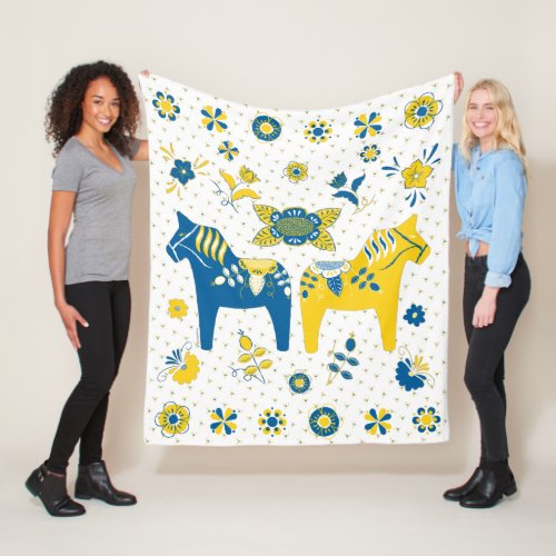 Swedish Folk Dala Horse l Blue and Yellow Fleece Blanket