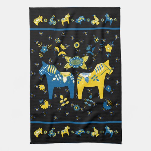 Swedish Folk Dala Horse l Blue and Yellow Kitchen Towel