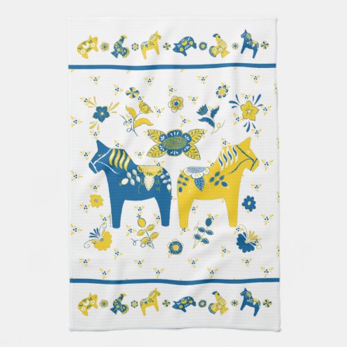 Swedish Folk Dala Horse l Blue and Yellow Kitchen Towel