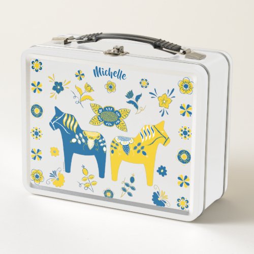 Swedish Folk Dala Horse l Blue and Yellow Metal Lunch Box