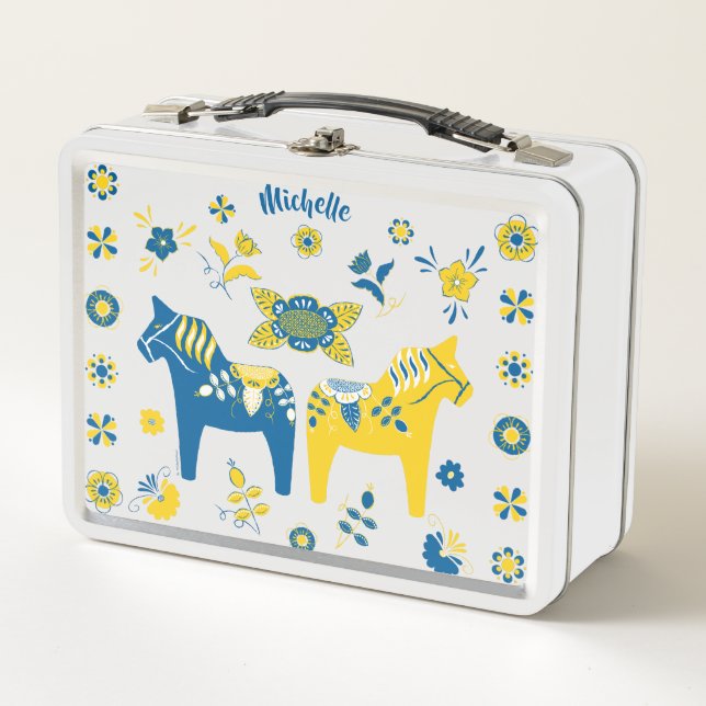 Swedish Folk Dala Horse l Blue and Yellow Metal Lunch Box (Front)