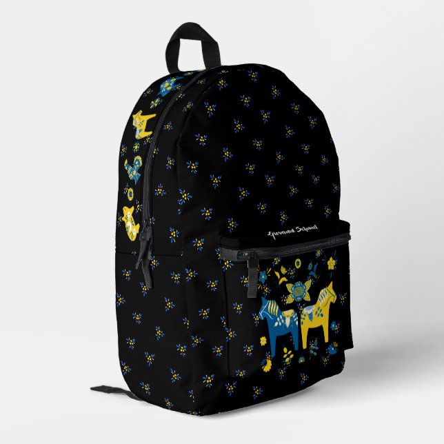 Swedish Folk Dala Horse l Blue and Yellow Printed Backpack (Back Corner Left)