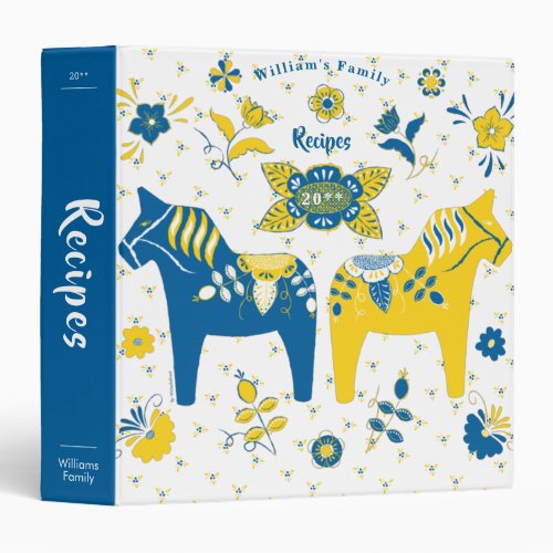 Swedish Folk Dala Horse l Blue and Yellow Recipe 3 Ring Binder