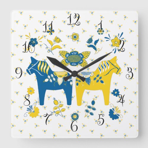 Swedish Folk Dala Horse l Blue and Yellow Square Wall Clock