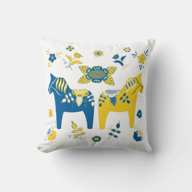 Swedish Folk Dala Horse l Blue and Yellow Throw Pillow (Front)