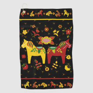 Swedish Folk Dala Horse l Red and Yellow Golf Towel