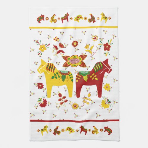 Swedish Folk Dala Horse l Red and Yellow Kitchen Towel