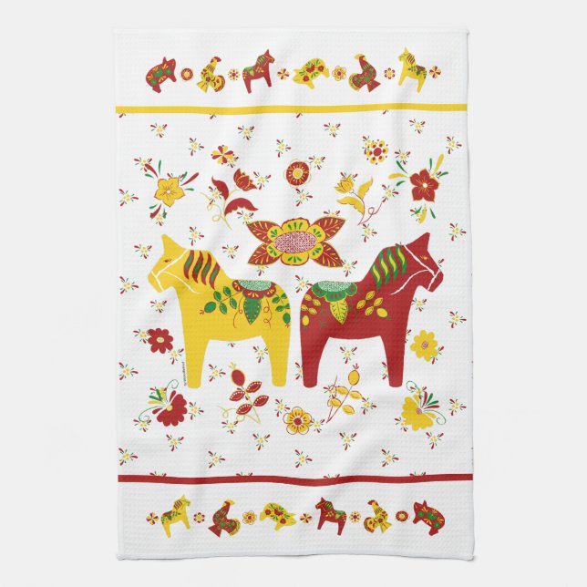Swedish Folk Dala Horse l Red and Yellow Kitchen Towel (Vertical)