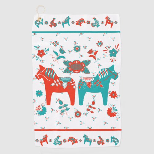 Swedish Folk Dala Horse l Teal and Red Golf Towel