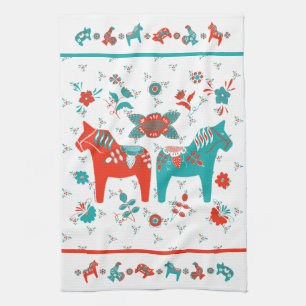 Swedish Folk Dala Horse l Teal and Red Kitchen Towel