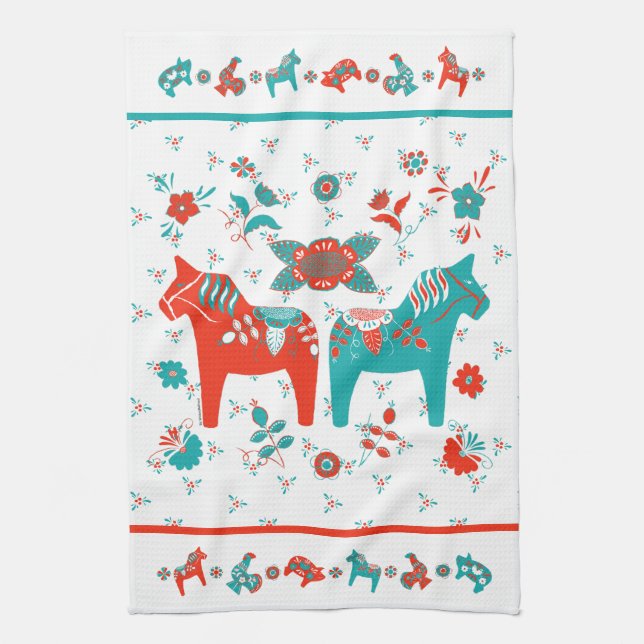 Swedish Folk Dala Horse l Teal and Red Kitchen Towel (Vertical)