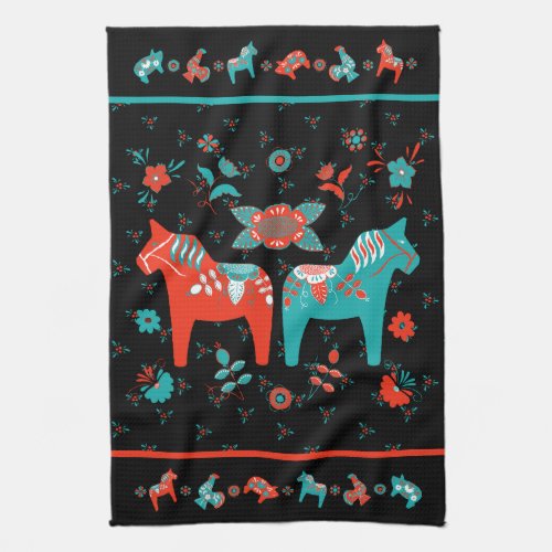 Swedish Folk Dala Horse l Teal and Red Kitchen Towel