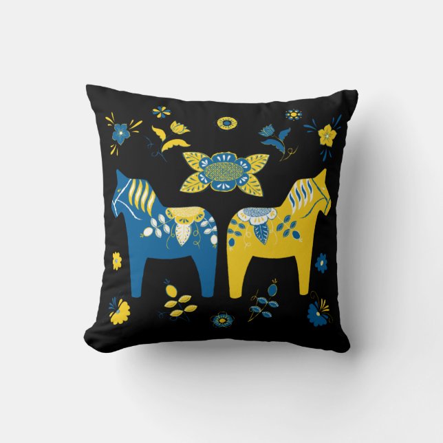 Swedish Folk Dala Horse Throw Pillow (Front)