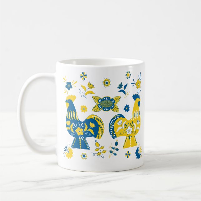 Swedish Folk Dala Rooster l Blue and Yellow Coffee Mug (Left)