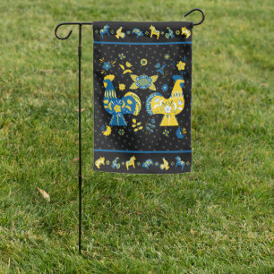 Swedish Folk Dala Rooster l Blue and Yellow Garden Flag
